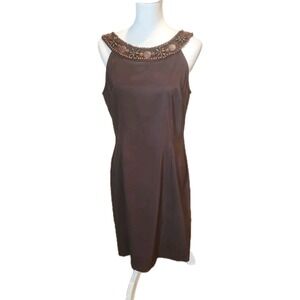 Connected Apparel Sheath Dress Womens 12 Brown Beaded Neckline Stretch Casual